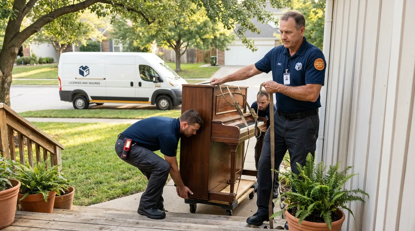 Licensed piano movers securing grand piano in New Britain, CT