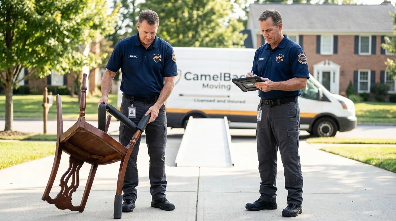 Movers inspecting furniture for damage prevention before loading in New Britain, CT