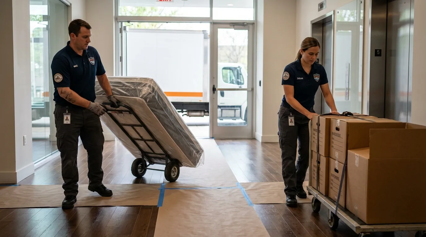 Professional apartment movers loading elevator in New Britain, CT
