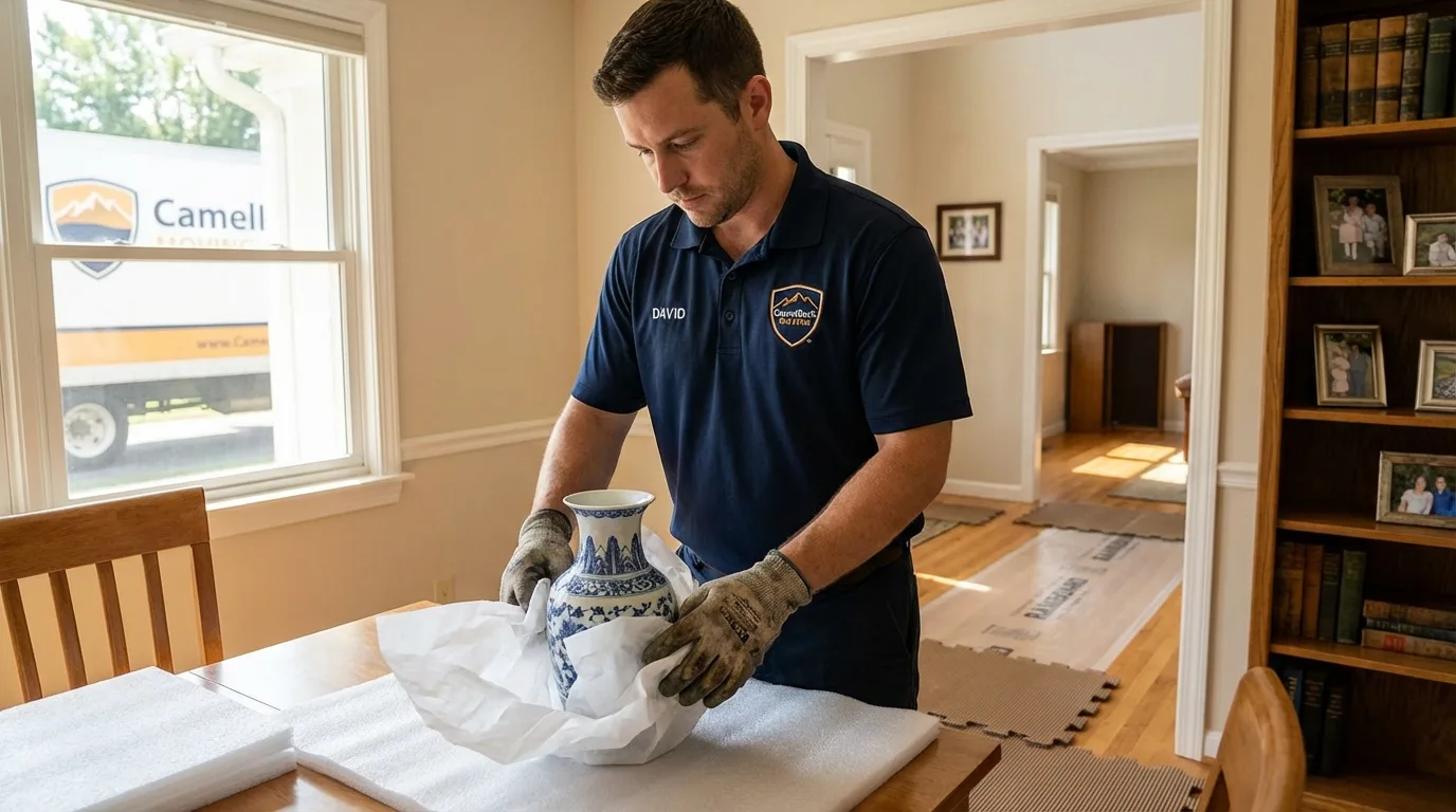 Professional crew carefully wrapping antique vase for senior downsizing move in New Britain, CT