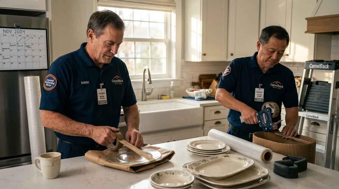 Professional crew packing kitchen dishware in New Britain, CT